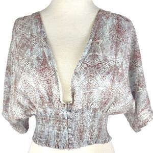 Women's Smocked Hem Crop Top Dolman  Sleeve Size Small Paisley Print Cream Brown